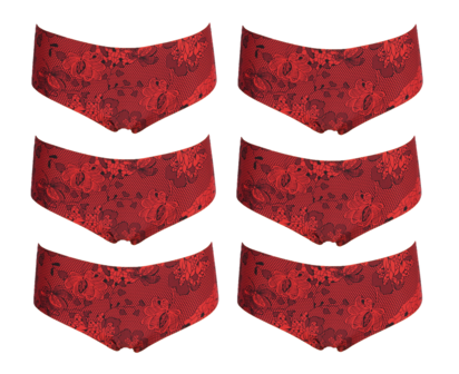 6-pack Naadloze dames Hipster met bloemmotief Rood